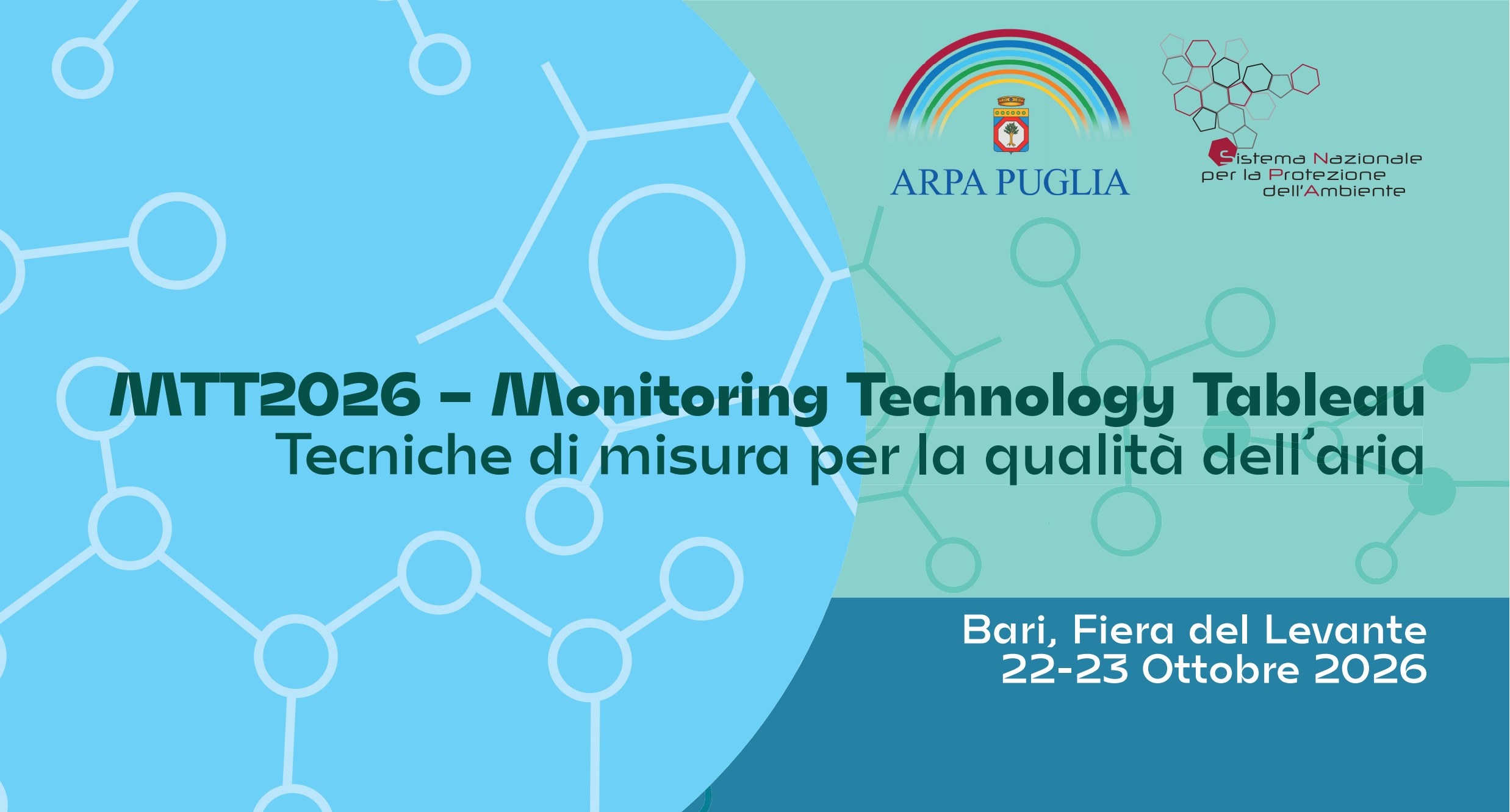 MTT2026 – Monitoring Technology Tableau. Tecniche di misura per la qualità dell’aria. Bari, Fiera del Levante, 22-23 ottobre 2026. Loghi ARPA Puglia e Sistema Nazionale per la Protezione dell’Ambiente.